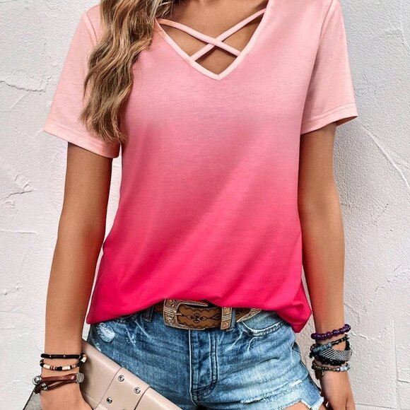 Pink Boho Womens Ombre Criss Cross Front Tee - Picture 4 of 5